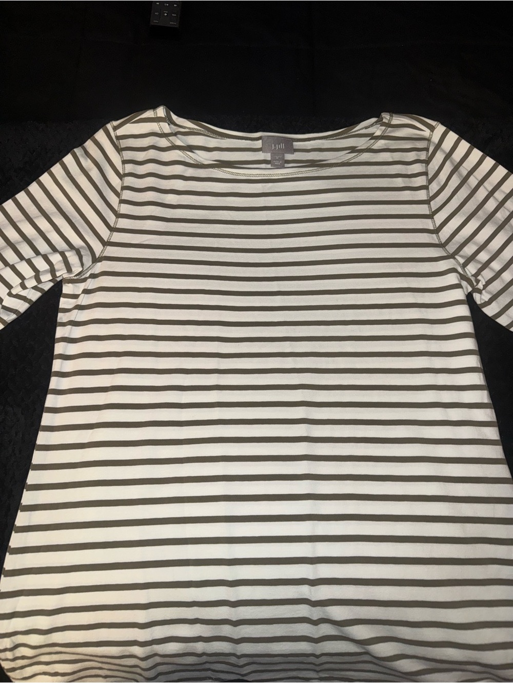 J. Jill White and Olive Striped Boatneck Short Sleeve Top